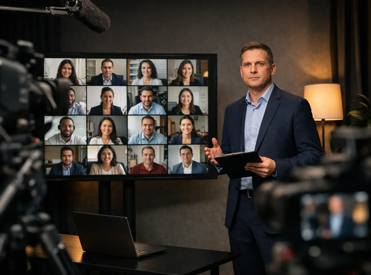 Man in suit holding a clipboard presenting in front of a video conference screen with multiple participants on it in a professional studio setting.