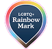 Badge with text 'LGBTQ+ Rainbow Mark' inside a rounded teardrop shape with a rainbow gradient border on a dark blue background.