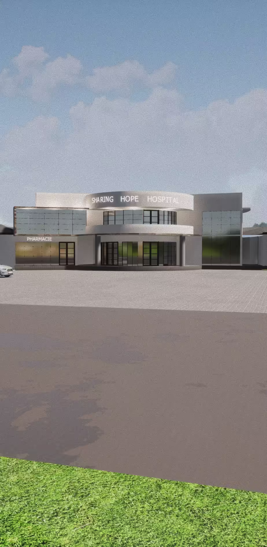 Front view of a modern hospital building with glass windows, a sign reading 'Sharing Hope Hospital', and a pharmacy section.