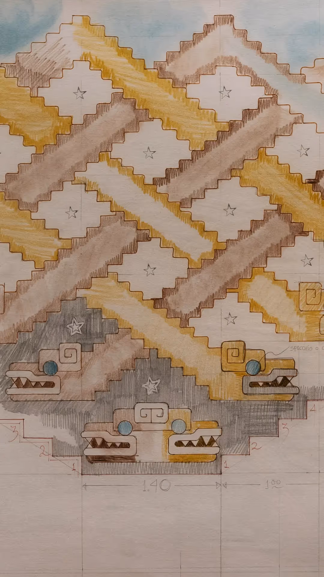 Artistic illustration of a traditional Mexican weaving pattern and Aztec figures on display at La Valise Mexico City hotel.