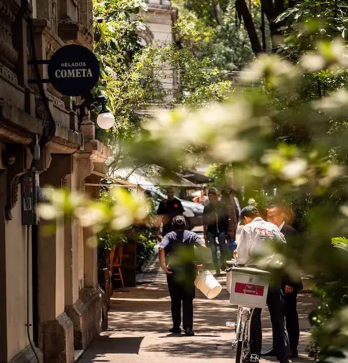 Vibrant tree-lined street in front of the La Valise Mexico City hotel entrance in the bohemian Roma Norte neighborhood.