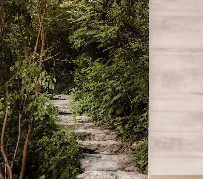 Natural stone pathway winding through lush tropical greenery at La Valise Mazunte Hotel.