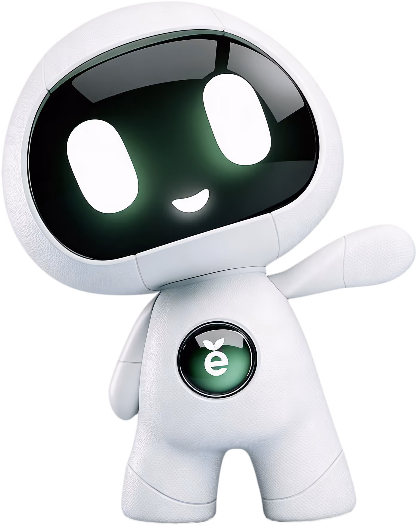 Friendly white robot character with a large black screen face showing glowing eyes and smile, waving one arm.