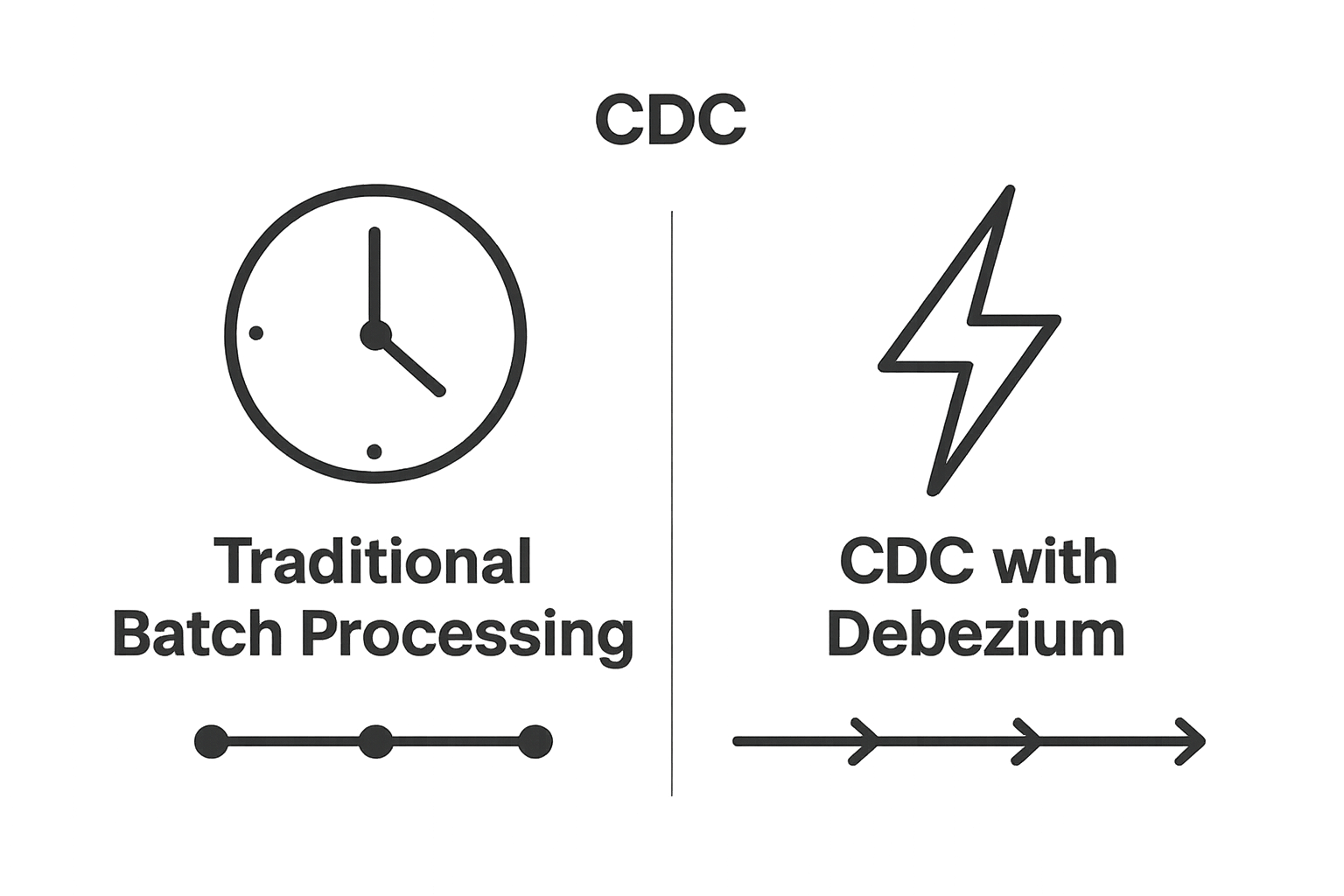 Infographic: Batch processing vs. Debezium CDC real-time data flow