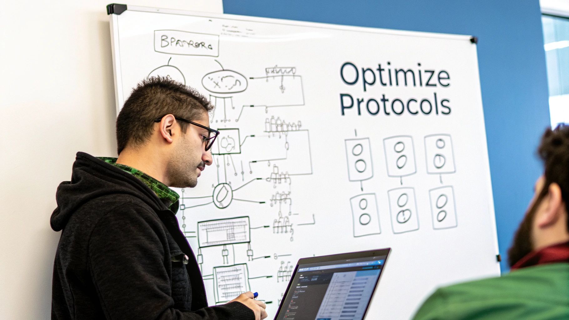 A developer's screen showing lines of code and network protocol configurations, symbolizing software optimization.