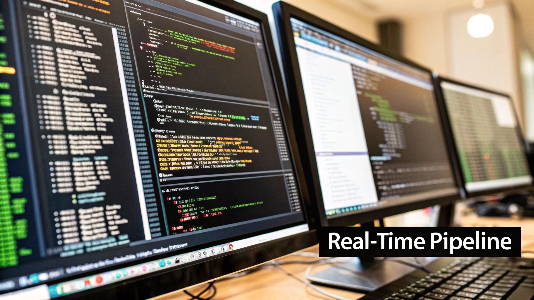 A person sitting at a computer with data pipeline diagrams on the screen.