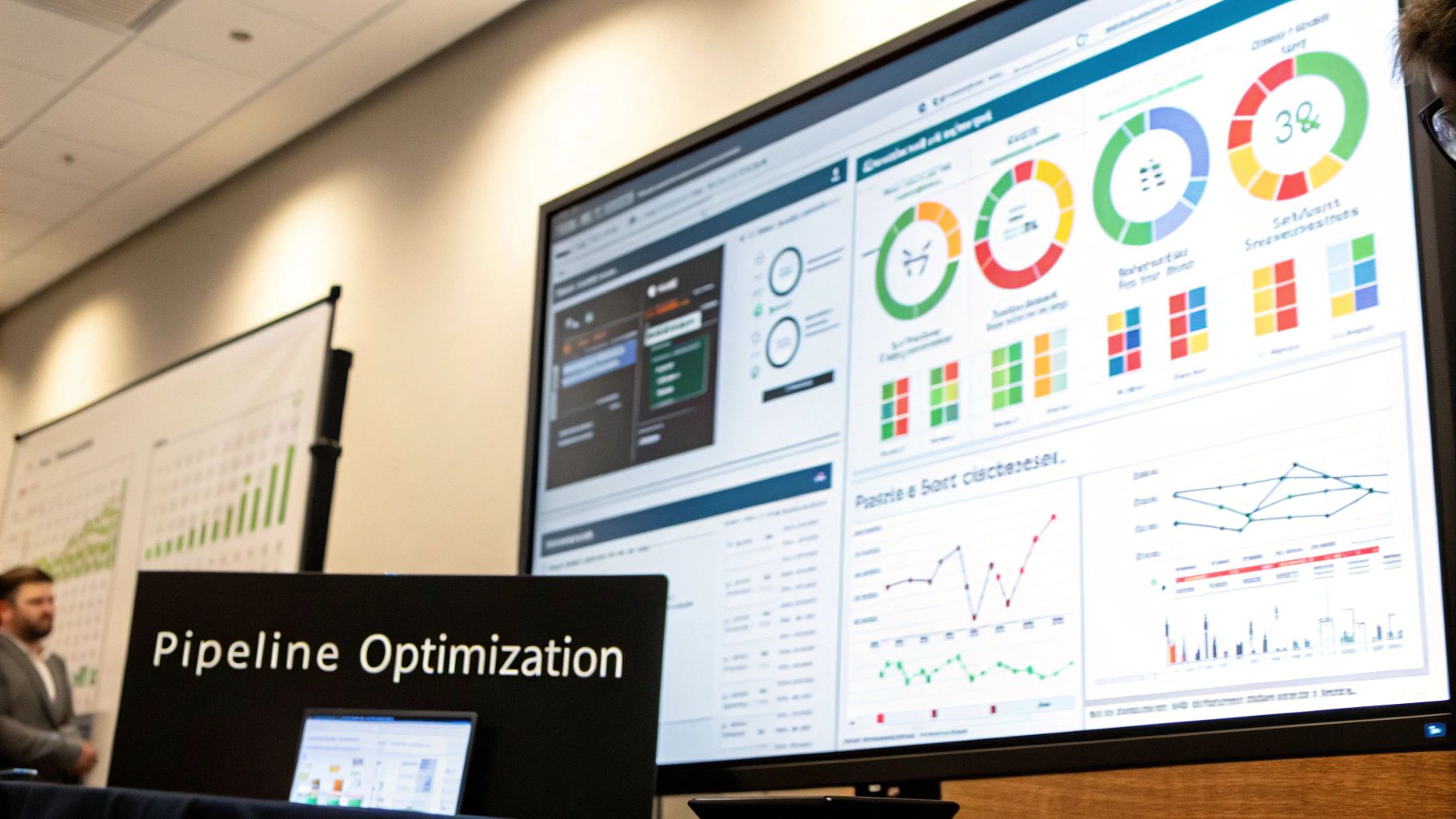 Diagram showing a data pipeline with gears and metrics, illustrating optimization and scaling concepts.