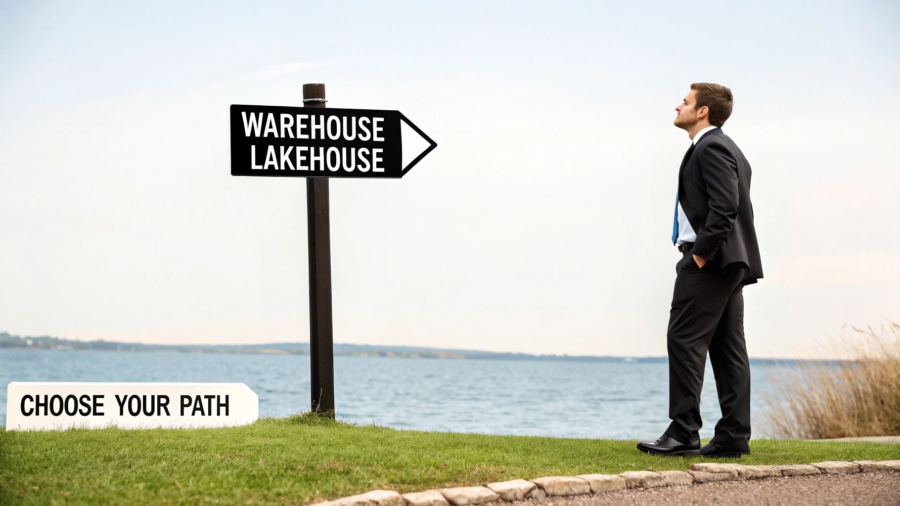 A person stands at a crossroads, with one path leading to a structured data warehouse and the other to a flexible data lakehouse, illustrating a strategic choice.