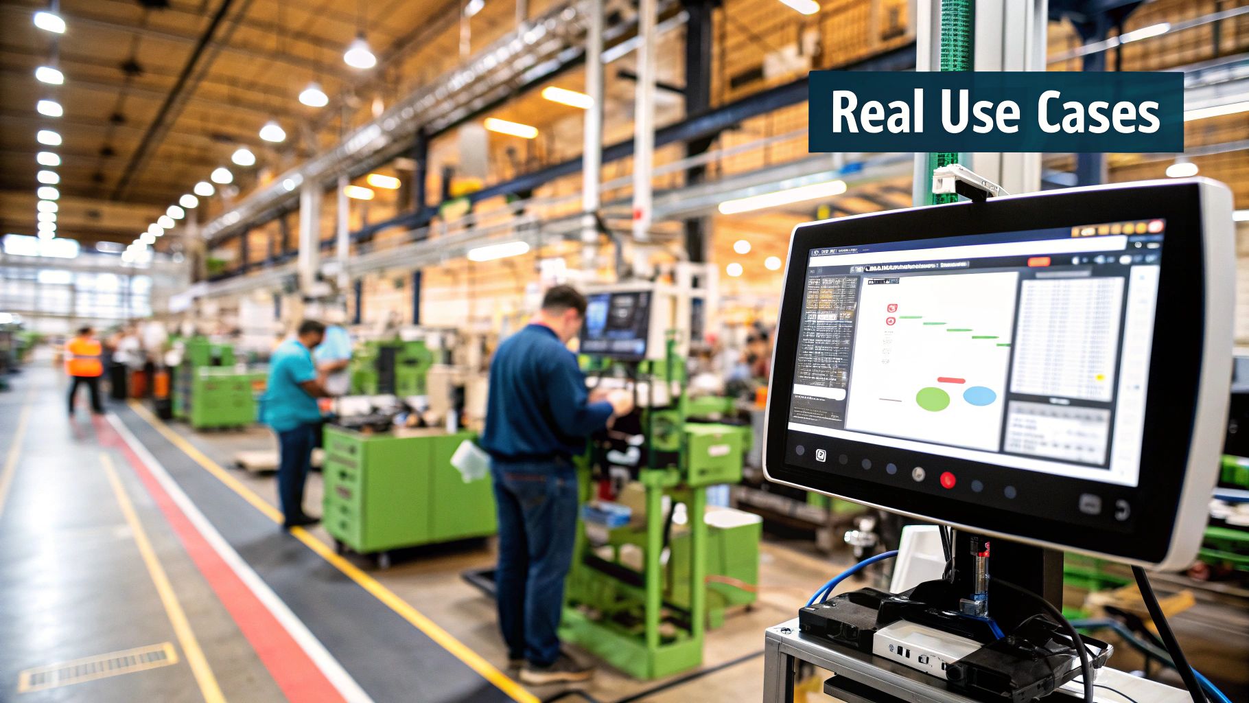 A digital dashboard displays various charts and graphs, representing real-world business use cases for data architecture.
