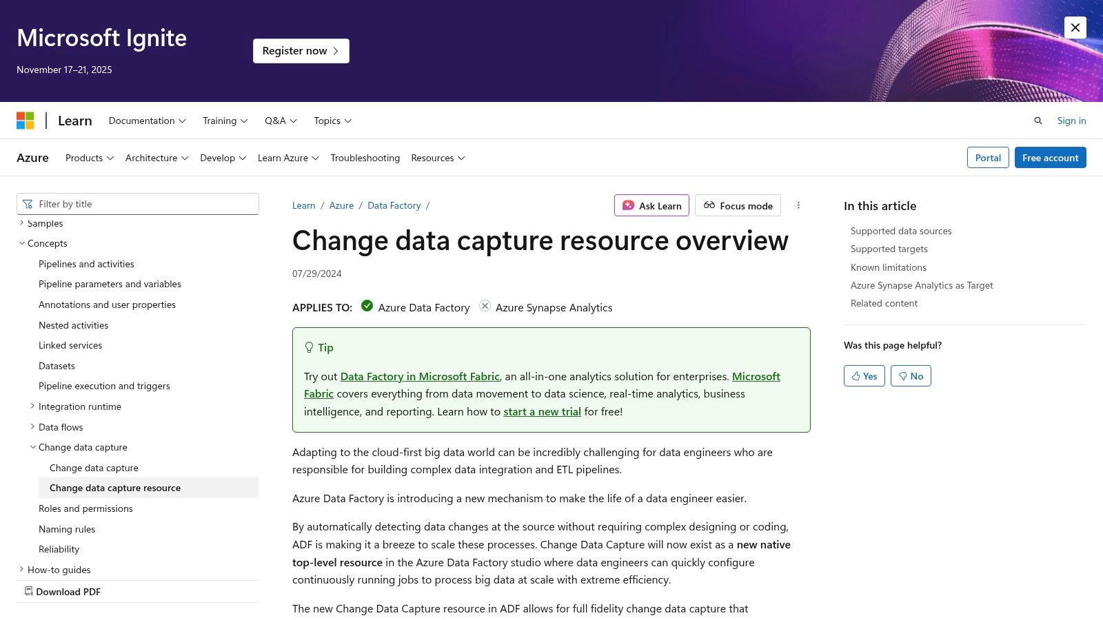 Microsoft Azure Data Factory (CDC resource)