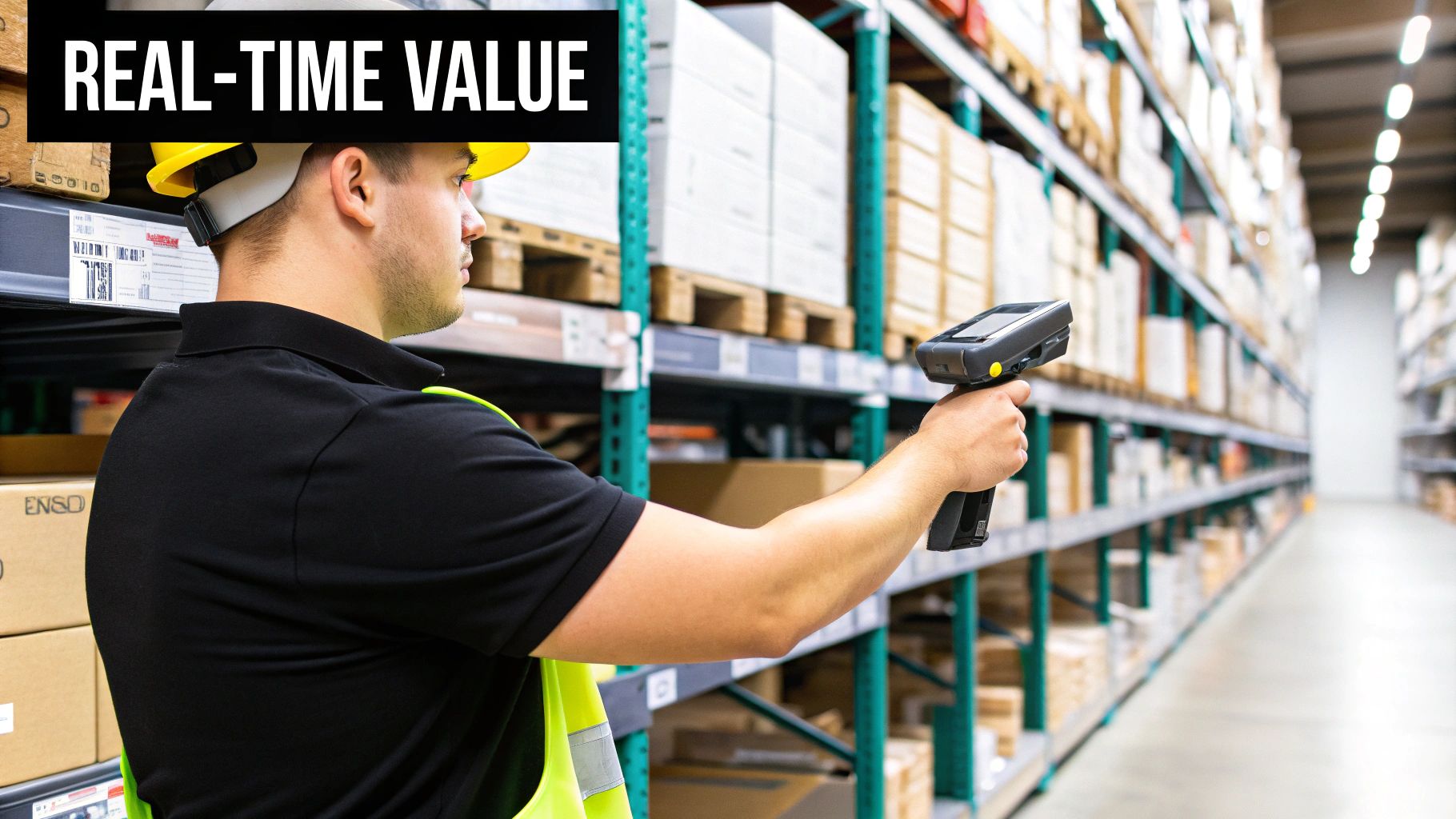 An e-commerce manager reviewing a real-time inventory dashboard on a tablet, with graphs showing live sales data and stock levels.