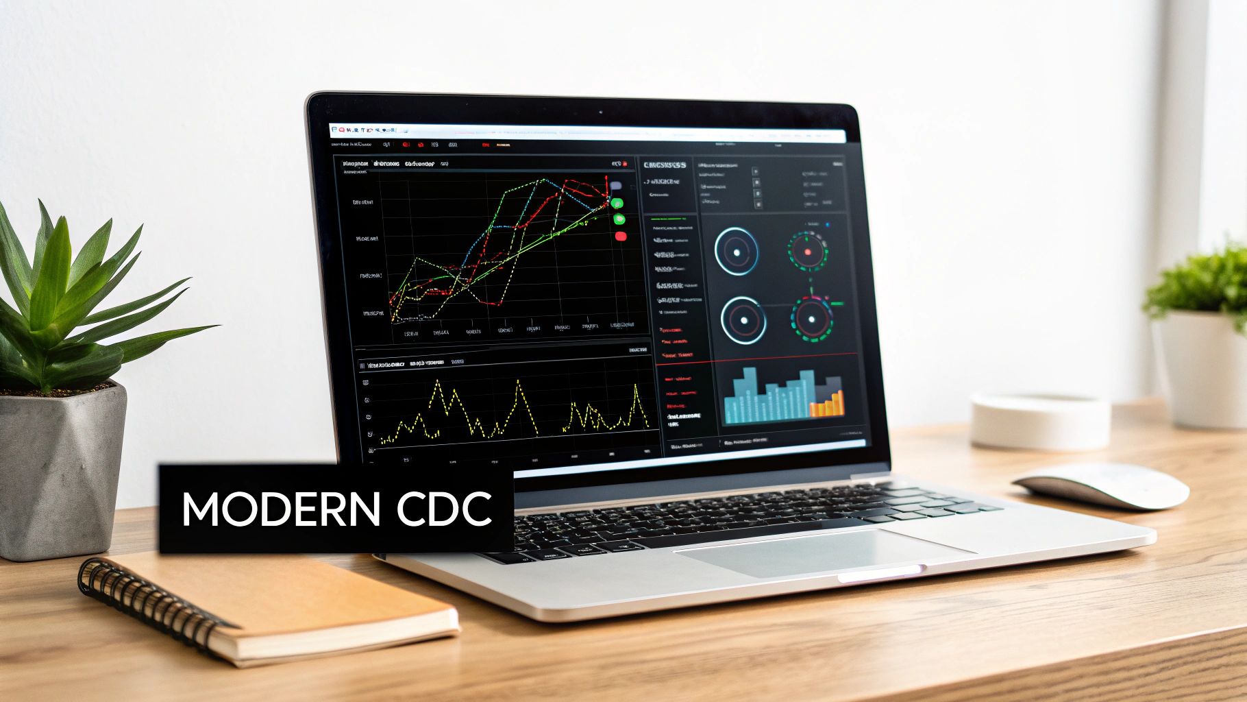 Engineers collaborating around a large screen displaying a seamless, automated data pipeline, symbolizing modern CDC platforms.