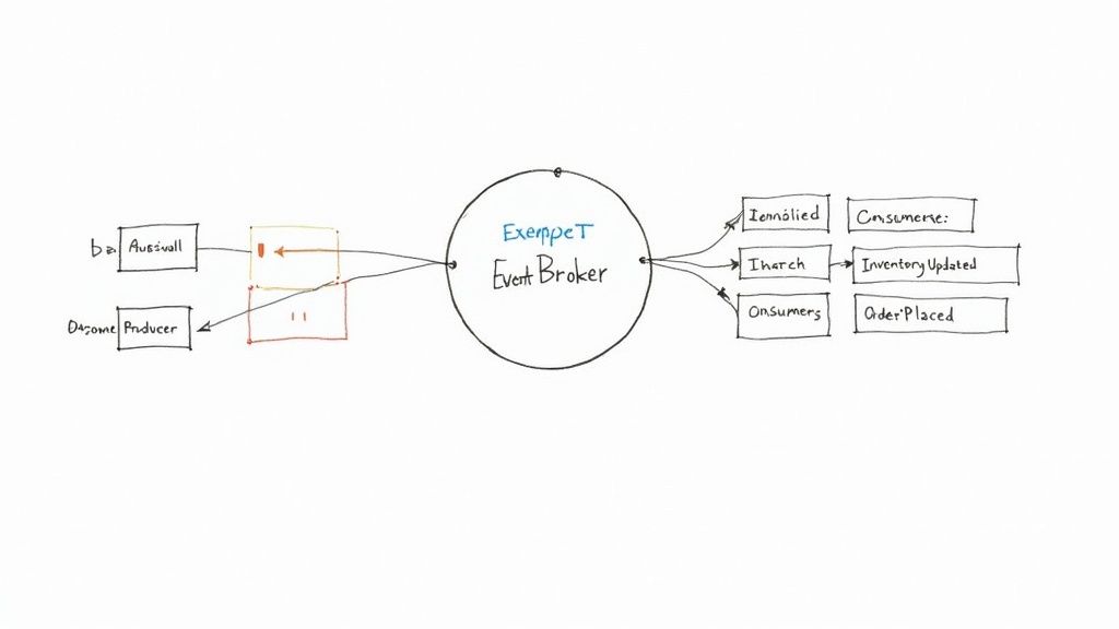 Event-driven architecture diagram showing event broker connecting producers and consumers with message flow