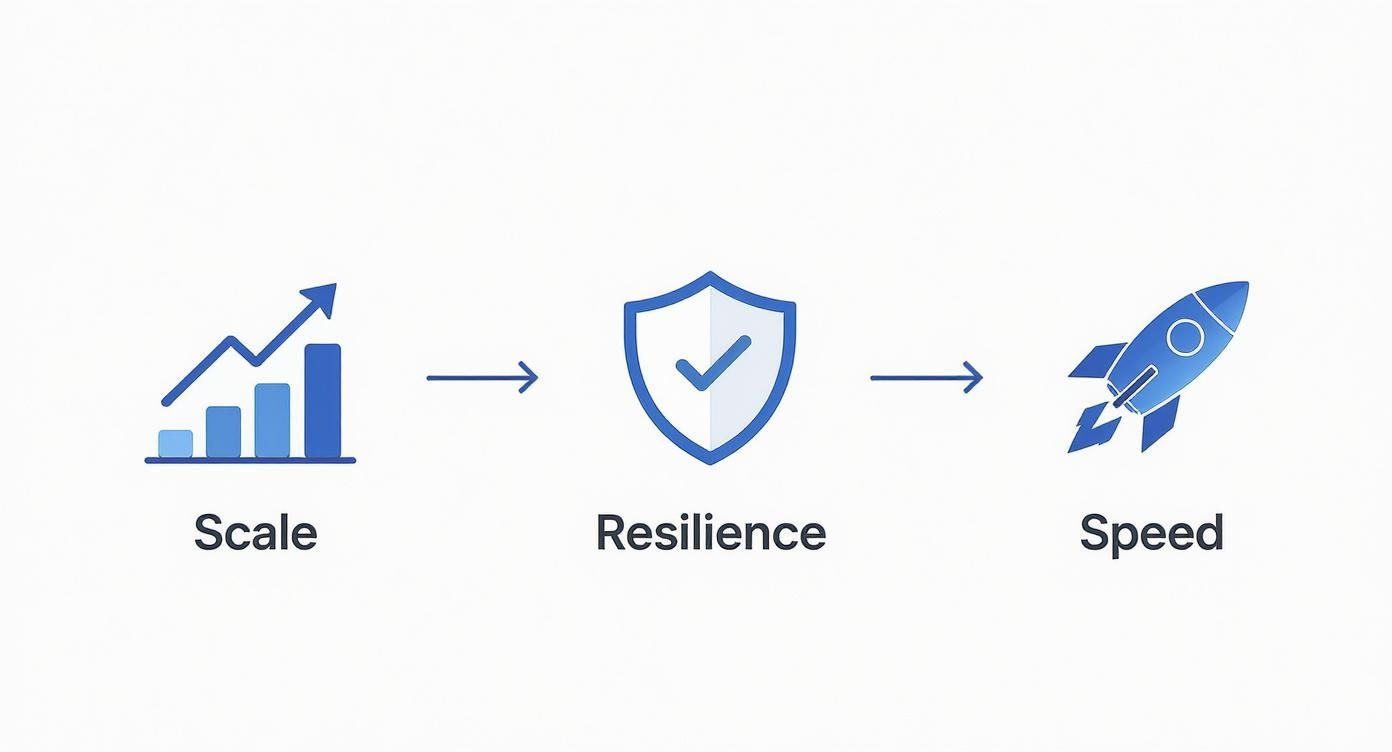 Three icons showing progression from scale with growth chart to resilience shield to speed rocket