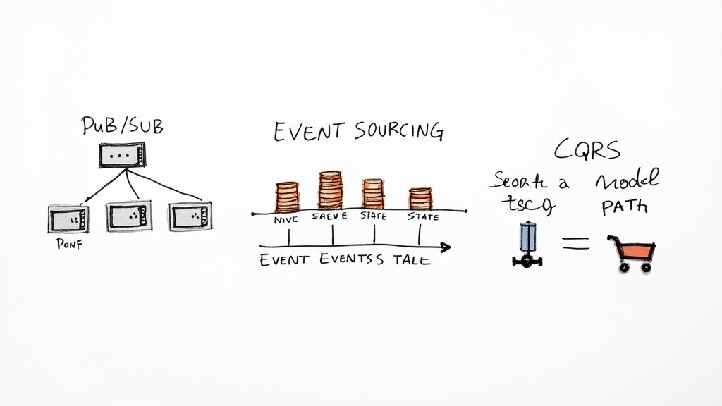 Event driven architecture diagram showing pub-sub pattern, event sourcing, and CQRS model paths