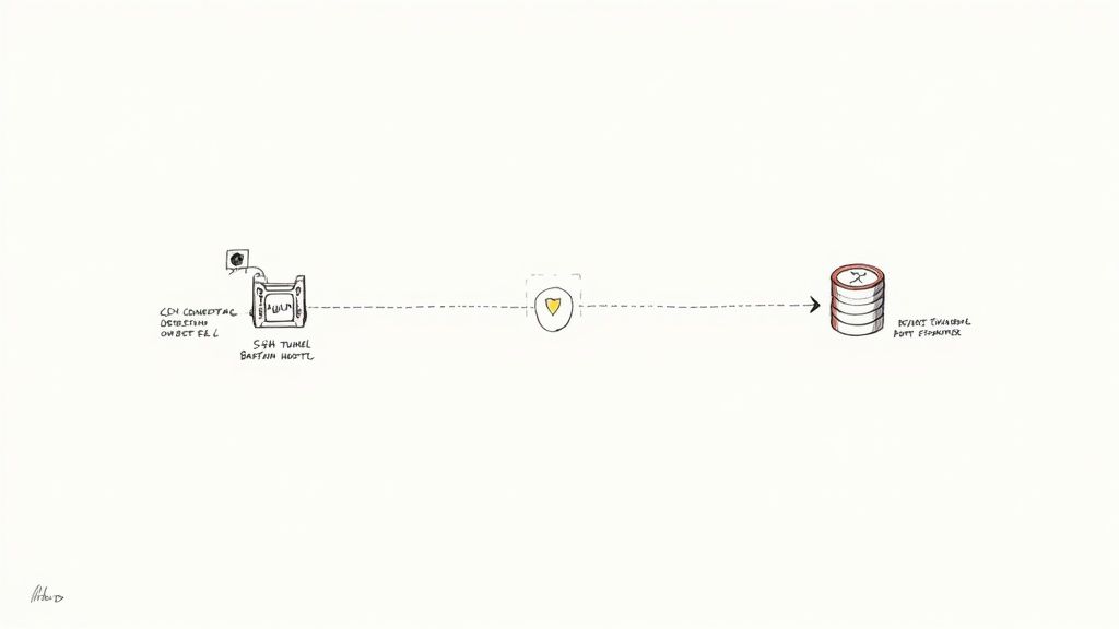 Diagram showing SSH tunnel connecting CDN Conceptual to PostgreSQL database through bastion host with security