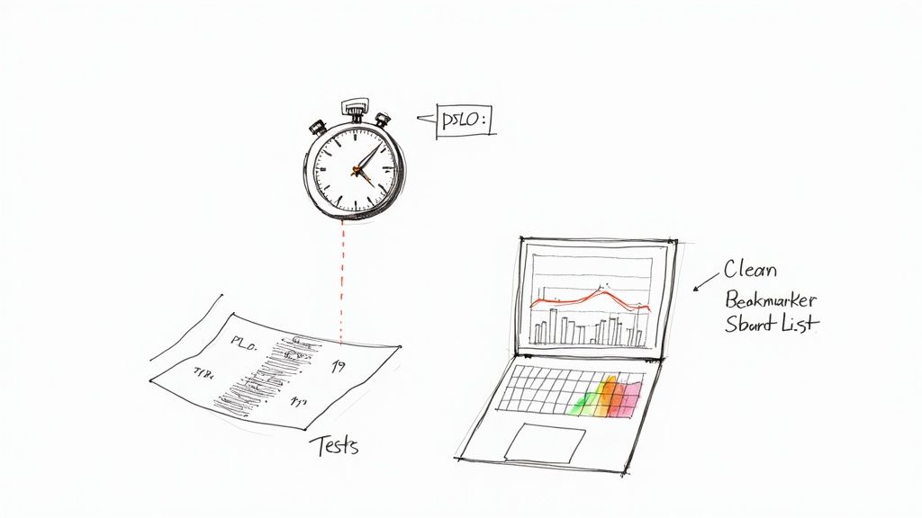 A sketch showing a stopwatch linked to a document labeled 'Tests' and a laptop displaying data graphs and lists.