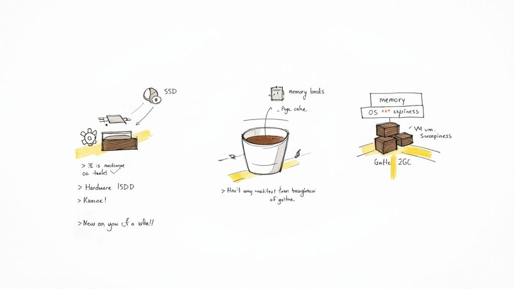 Sketches illustrate system architecture concepts including hardware, SSD, memory, OS, page cache, and VM swapiness.
