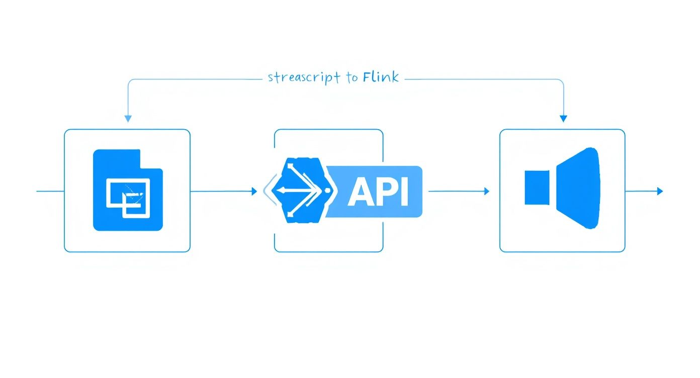 Diagram illustrating streascript processing with Apache Flink API, flowing from documents to audio output.