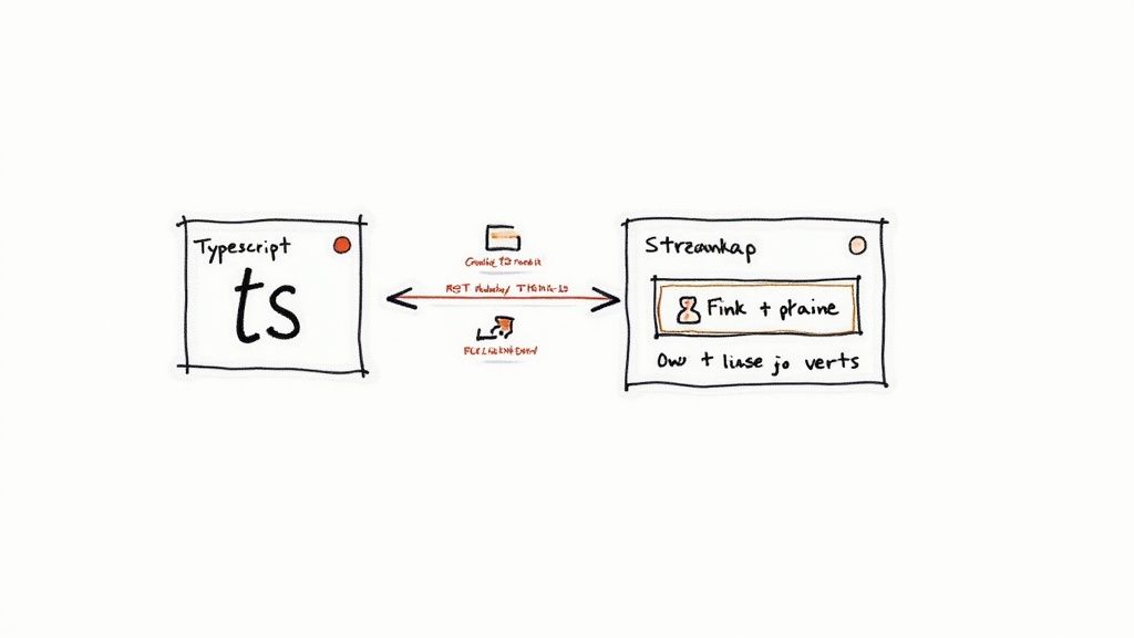 Hand-drawn diagram illustrating the integration between TypeScript and Streamkap, showing data flow and Flink.
