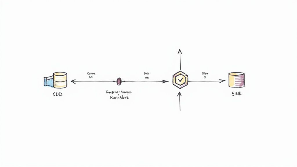 A data flow diagram shows CDD, a processing step labeled 'Taegrass Avenger Kank3loke', a hexagonal checkpoint, and a SINK database.