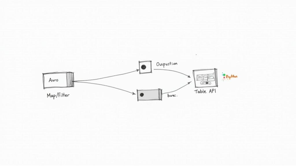 A data flow diagram showing Avro Map/Filter processing data to a Table API with Python support.
