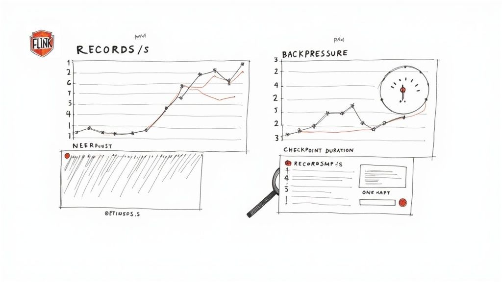 A hand-drawn dashboard displaying Apache Flink performance metrics like records per second and backpressure.