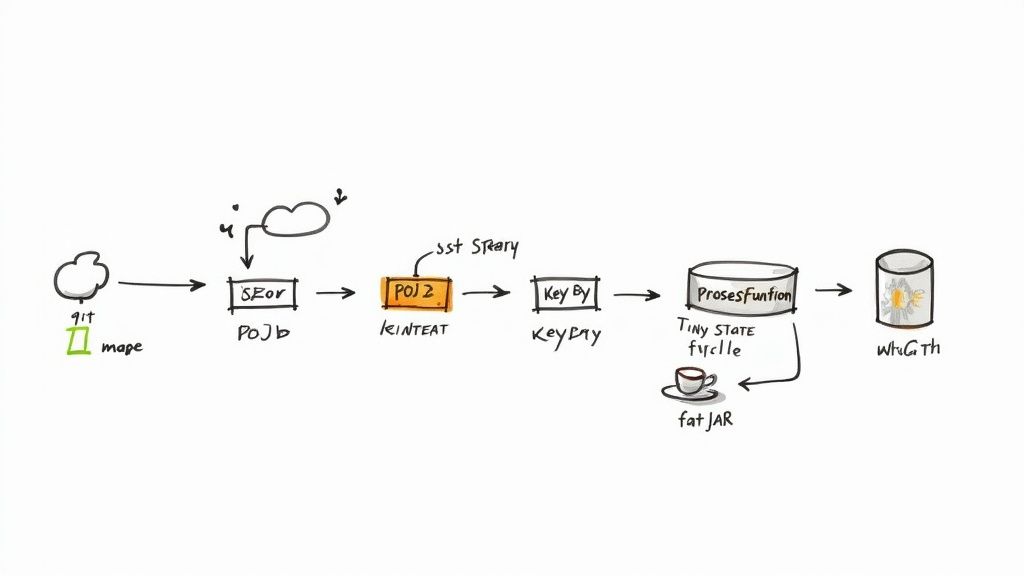 A hand-drawn diagram illustrating a data processing pipeline with components like Git, Key By, and a process function with state.