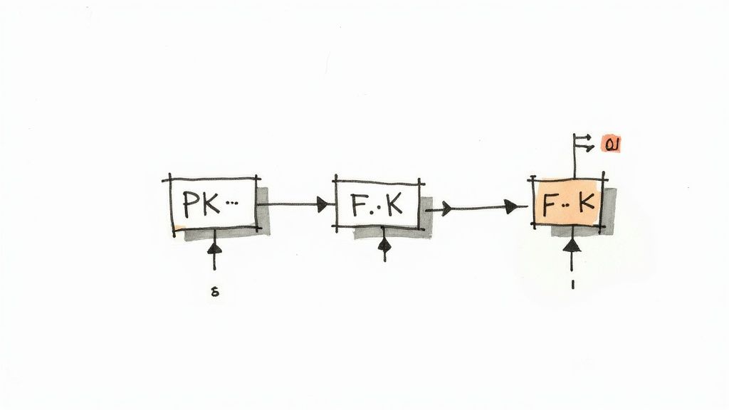 A diagram illustrating the relationship between a Primary Key (PK) and two Foreign Keys (FK) in a data flow.