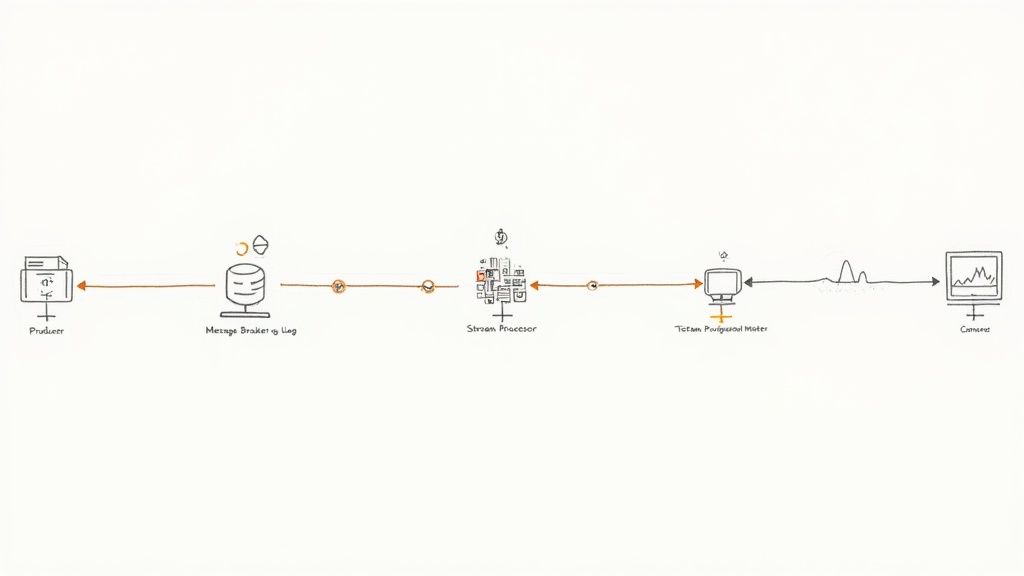 A data processing pipeline diagram illustrating data flow from producers to consumers through various components.