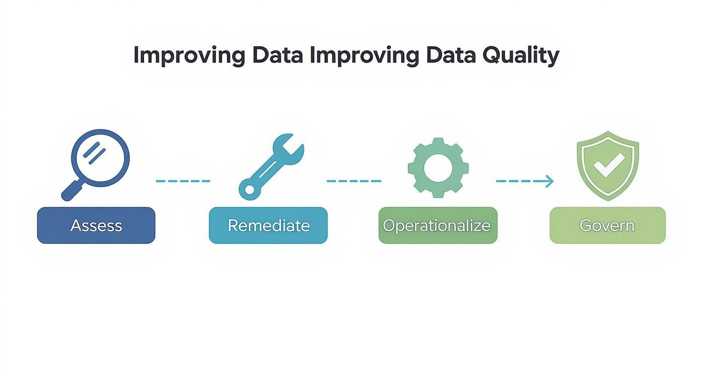 A four-step process diagram for improving data quality: Assess, Remediate, Operationalize, and Govern.