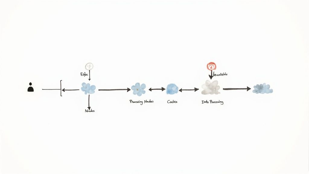 Hand-drawn data flow diagram illustrating a system from user interaction through processing nodes to data storage.