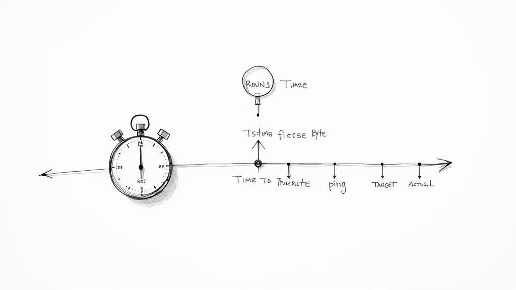 Hand-drawn diagram with a stopwatch and a timeline illustrating various data latency measurements and events.
