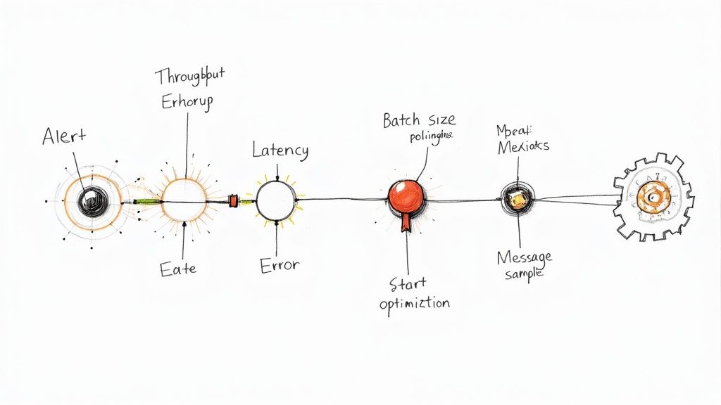 A hand-drawn data processing pipeline diagram illustrating metrics, alerts, throughput, latency, batching, and optimization steps.