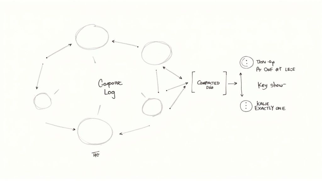 A whiteboard diagram illustrating a 'Compacted Log' surrounded by nodes, leading to a 'Compacted DDO' and two labeled key show outputs.