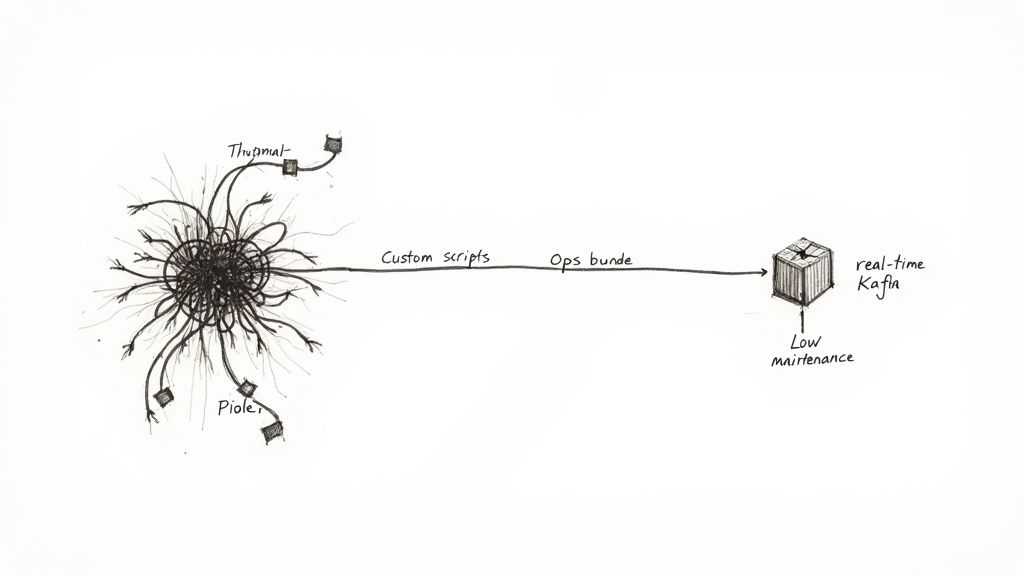 Diagram illustrating complex data sources, Thugmat and Piolel, feeding into a real-time Kafka stream for low maintenance.