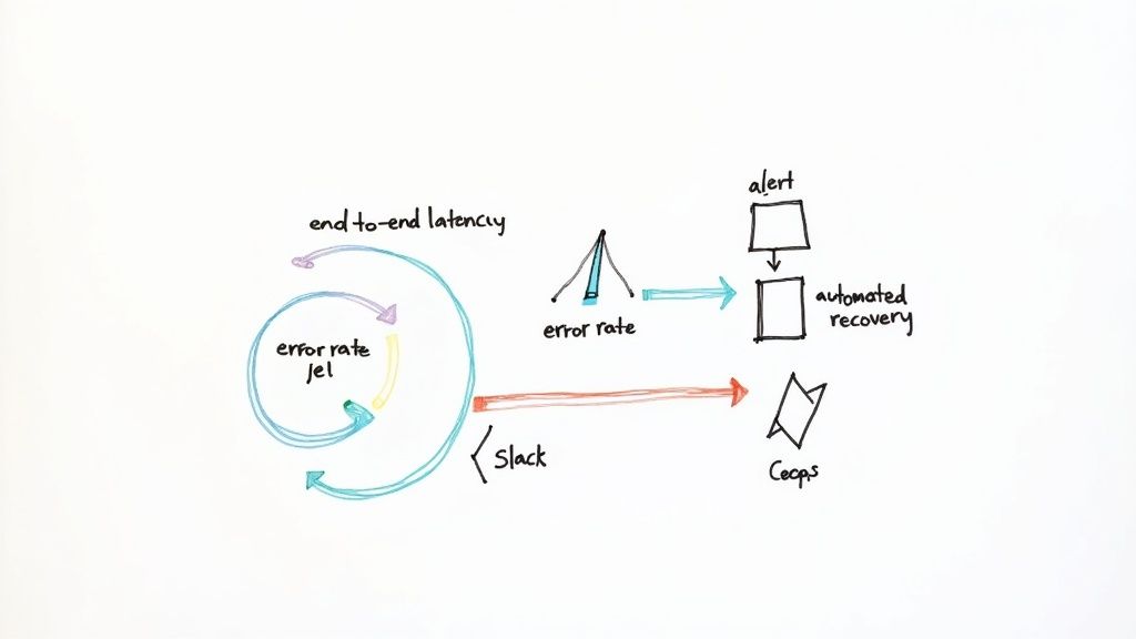 A whiteboard diagram illustrating system monitoring, including end-to-end latency, error rate, alerts, and automated recovery.