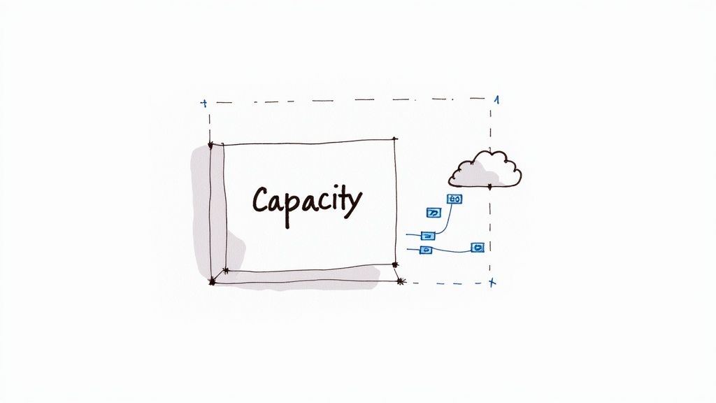 Hand-drawn diagram showing a 'Capacity' box connected to a cloud and several data nodes.