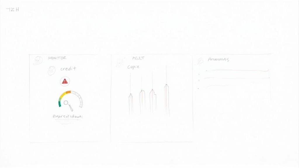 A hand-drawn sketch illustrating three dashboard sections: credit monitor with a gauge, an alert bar chart, and an information list.