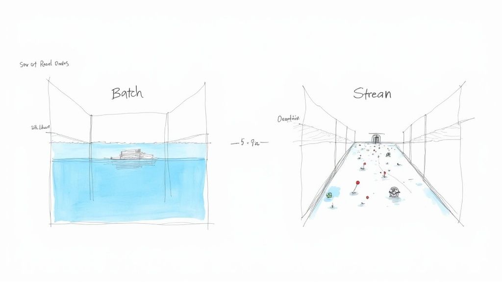 A hand-drawn illustration comparing batch data processing, represented by a large body of water, and stream data processing, shown as individual items flowing in a channel.