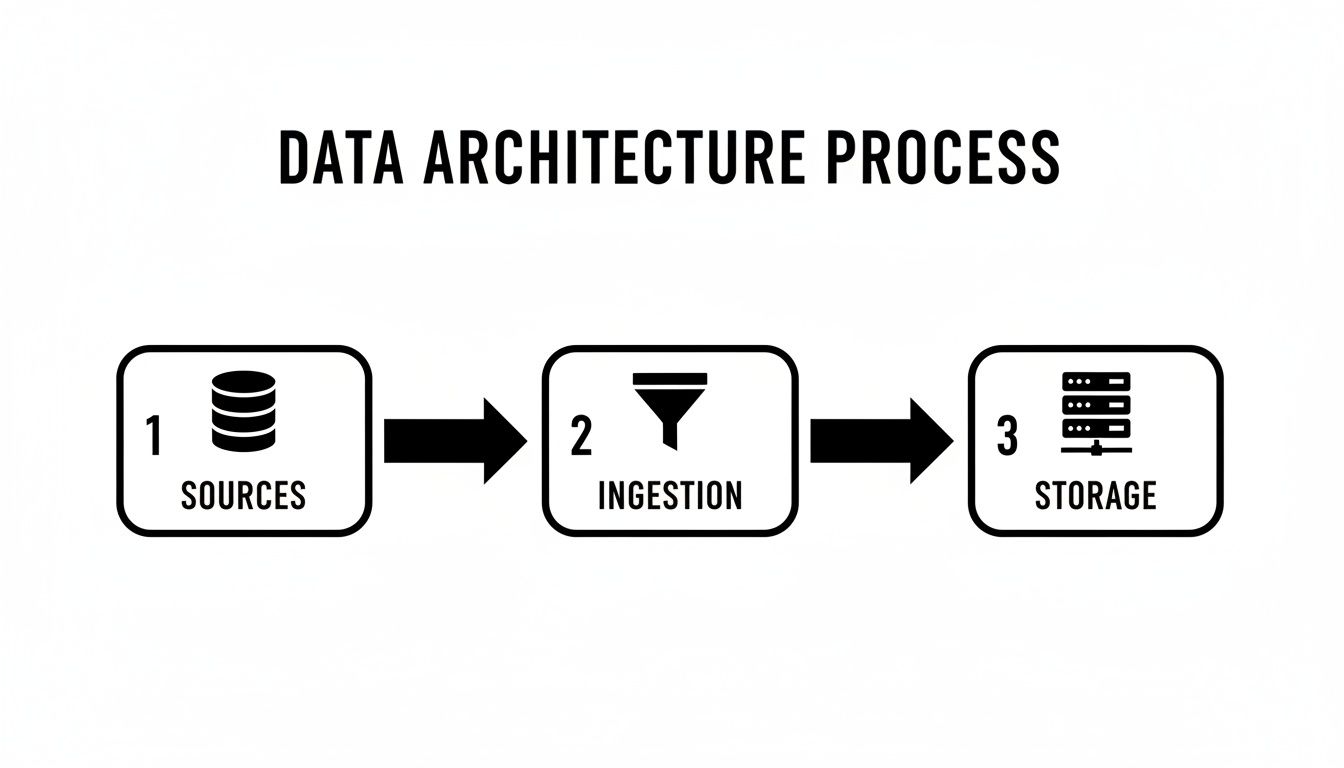 Diagram illustrating the data architecture process with steps: Sources, Ingestion, and Storage.