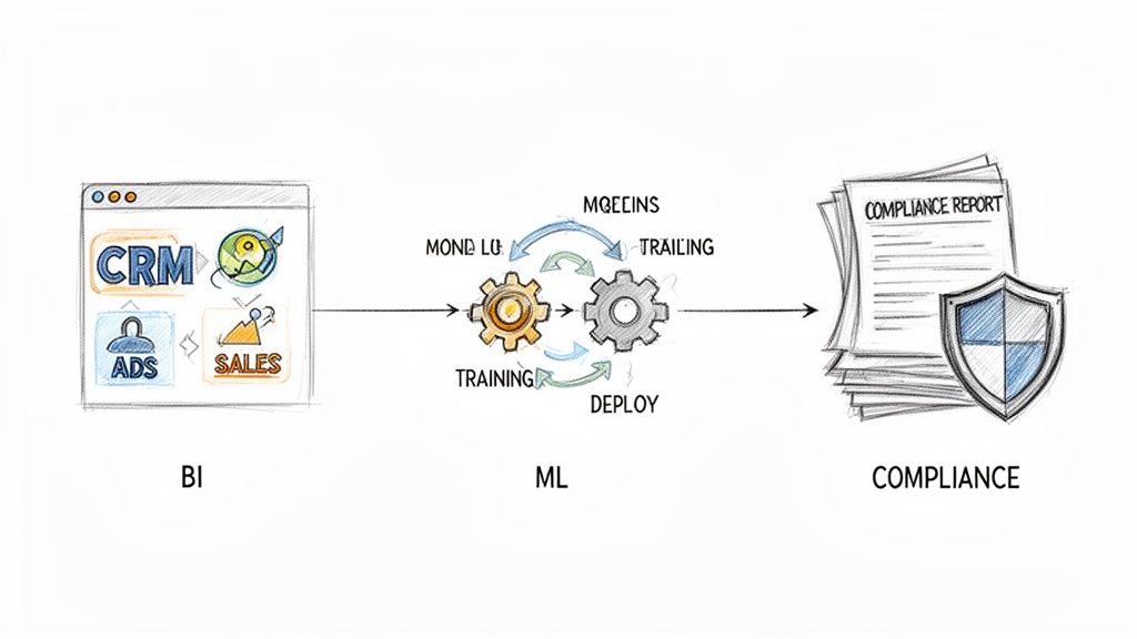 A diagram illustrating data orchestration from BI systems to ML processing, generating compliance reports.