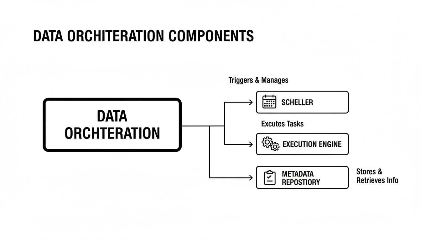 Diagram showing data orchiteration components: Scheller, Execution Engine, and Metadata Repostiory.