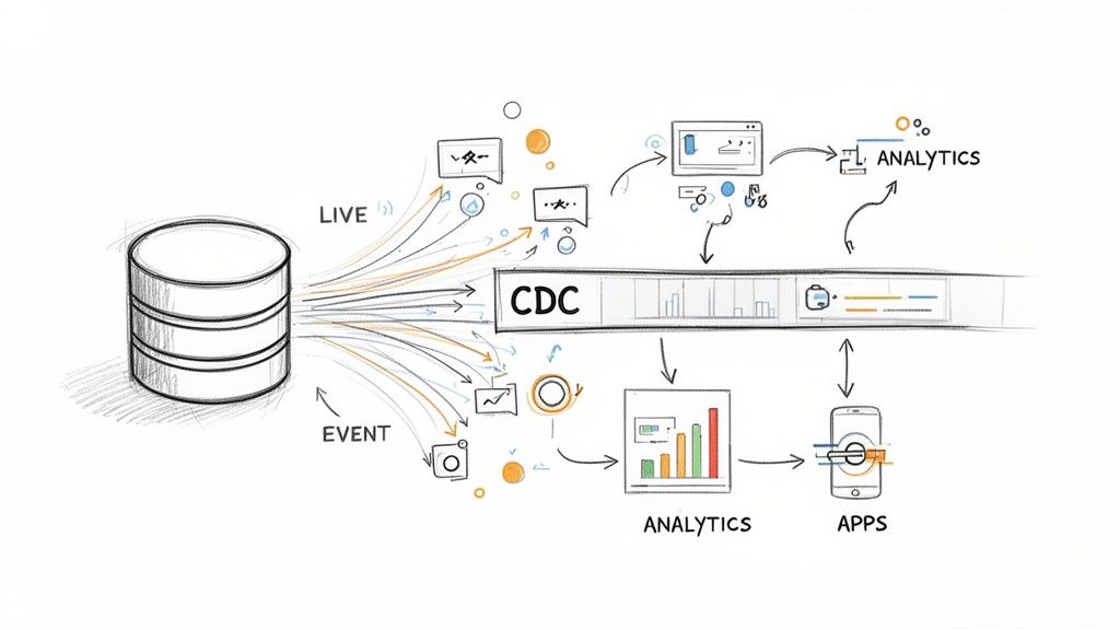 A diagram illustrating a data ingestion pipeline with Change Data Capture (CDC), analytics, and apps.