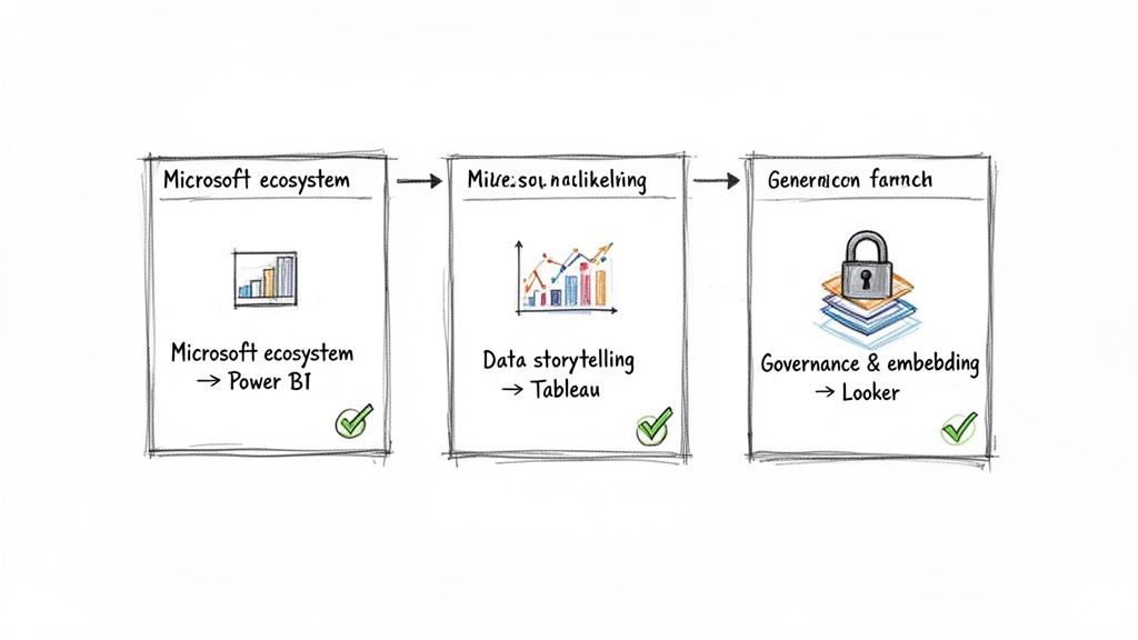 Comparison of Business Intelligence tools: Power BI, Tableau, and Looker, across different use cases.