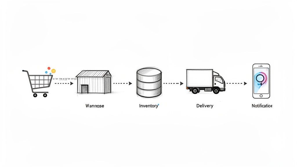 A diagram illustrating an e-commerce order fulfillment process from shopping cart to delivery notification.