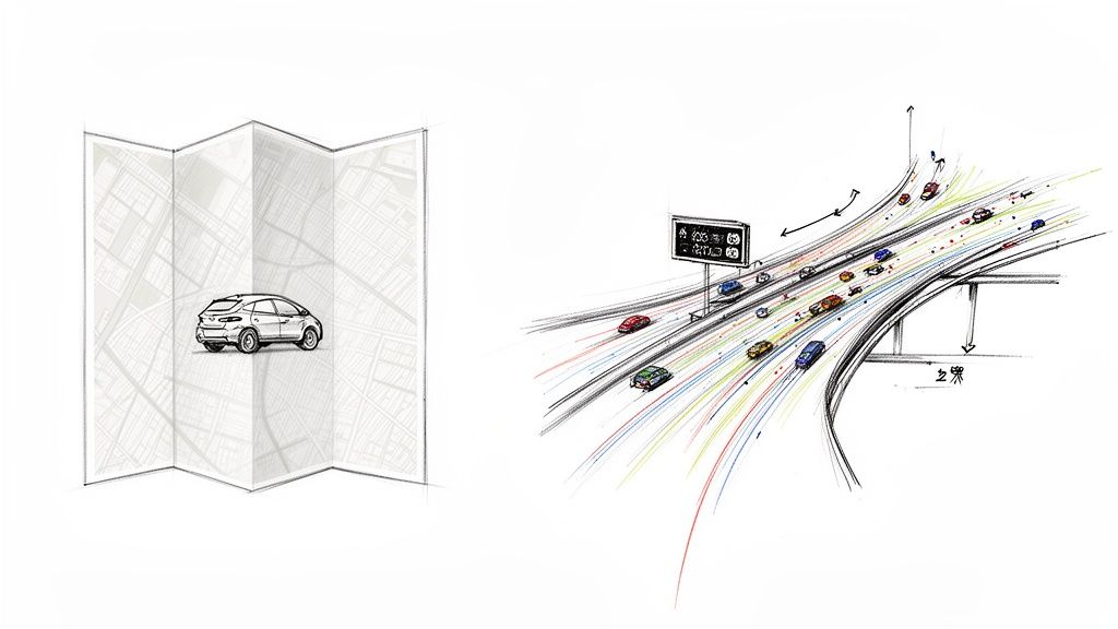 A stylized illustration showing a car on a map and dynamic traffic flow on a multi-lane highway.