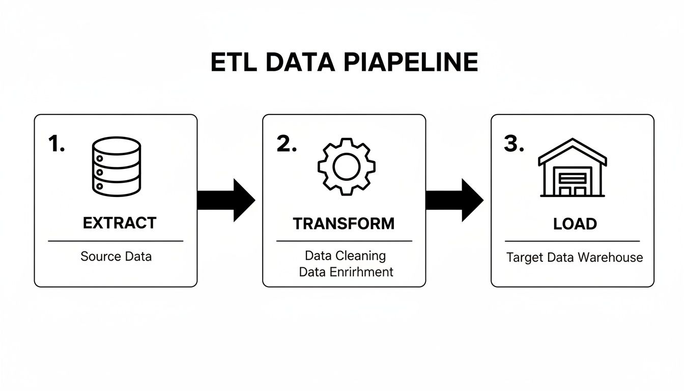 ETL data pipeline diagram illustrating the three main steps: Extract, Transform, and Load.