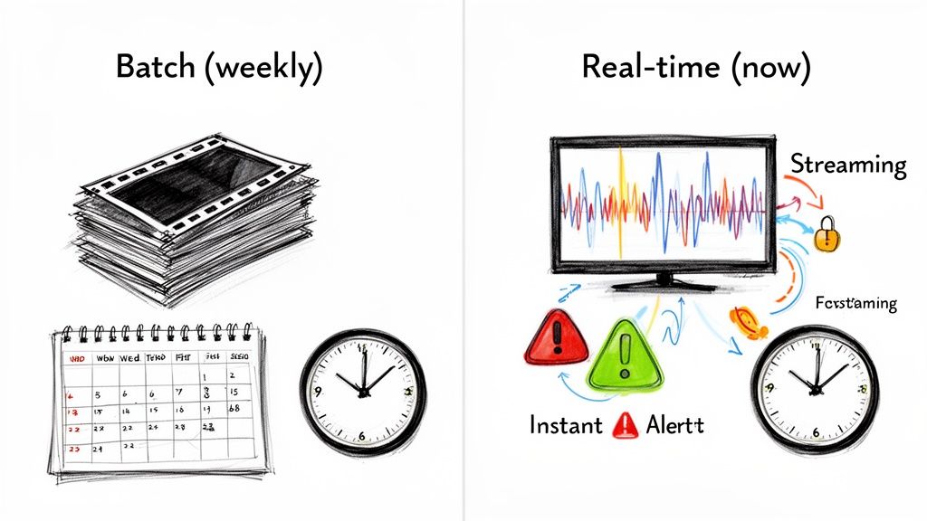 An illustration contrasting batch processing (weekly) with real-time processing (now) using symbols.