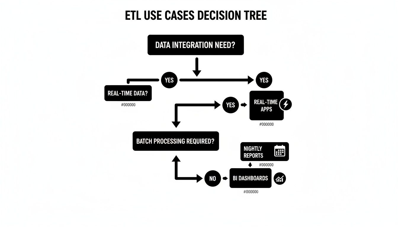ETL use cases decision tree flowchart showing paths for data integration, real-time apps, batch processing, and BI dashboards.